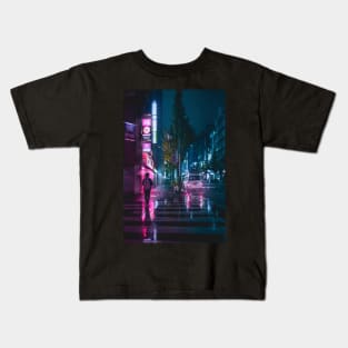 Japanese Walking home in the rain from the grind. Pink and purple reflections. Kids T-Shirt